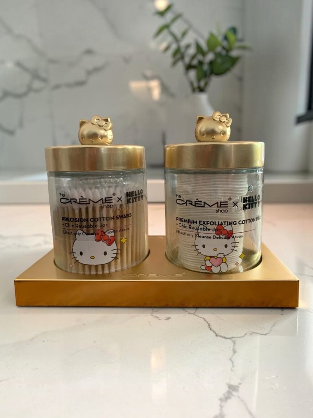 The Crème Shop x Hello Kitty Glass Jars & Base Set Cotton Pads & Swabs Gold New